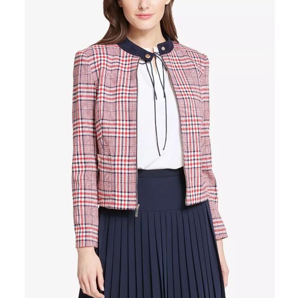 TOMMY HILFIGER Women's RED BLUE WHITE HOUNDSTOOTH  Plaid Zip-Up Jacket Sz 4 - Picture 1 of 9